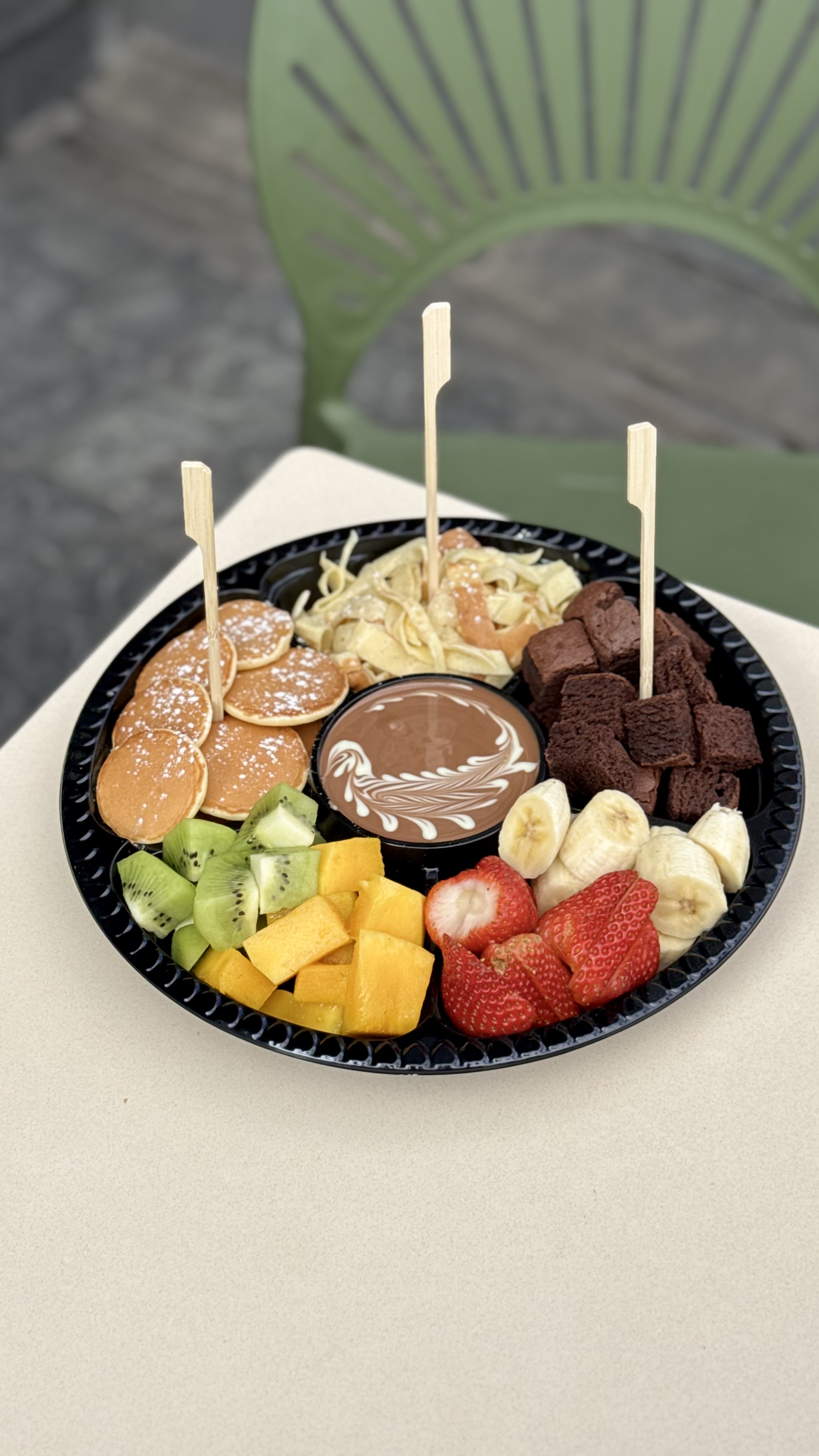 Image of Good Morning Plate – Mini pancakes, crepe pasta, brownies, strawberries, banana, mango, kiwi & Belgium chocolate dip