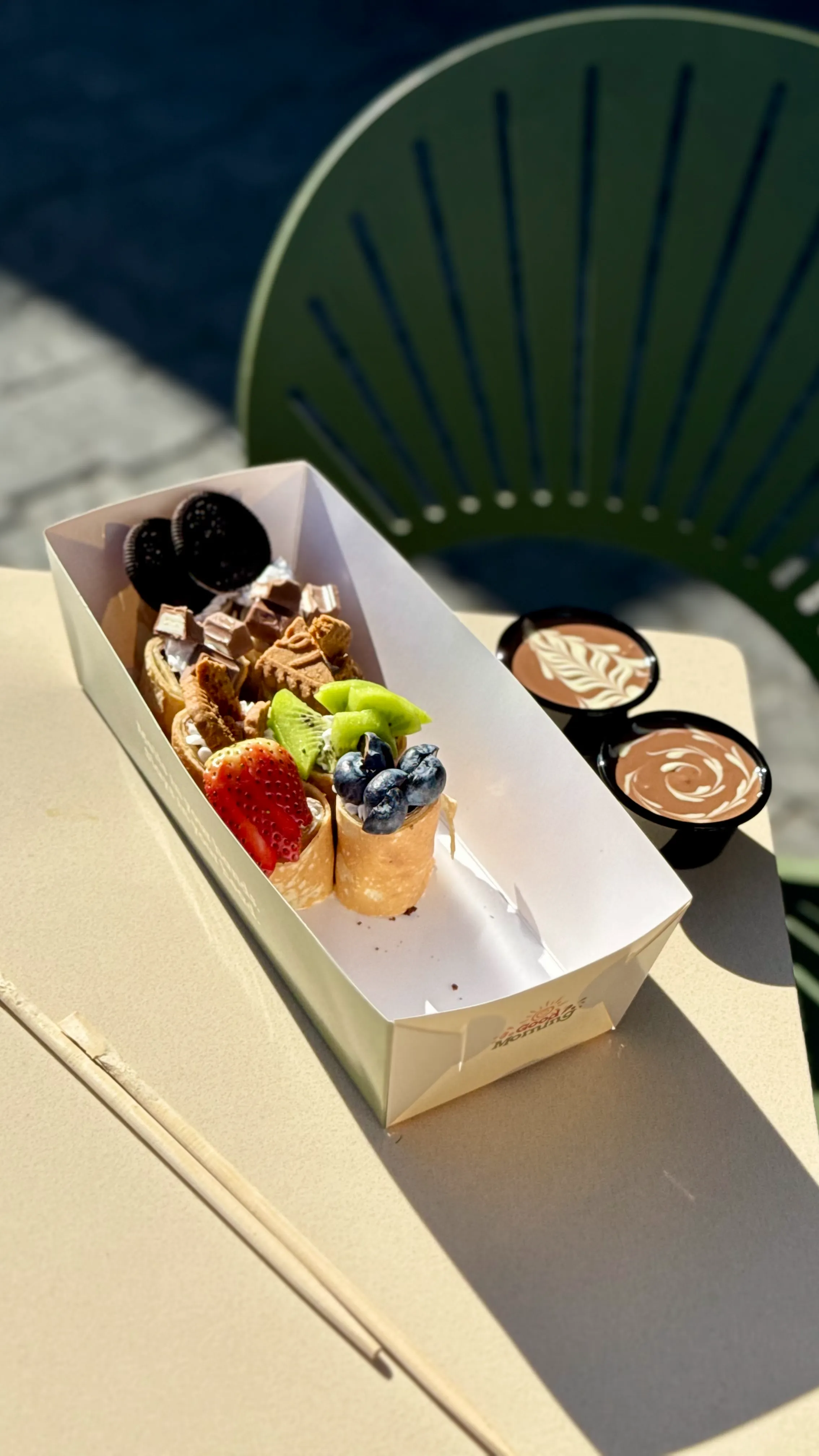 Image of Sushi crepe 9 pcs – Sushi style, filled with pastry cream & brownies, designed with toppings, served with Belgium chocolate cups