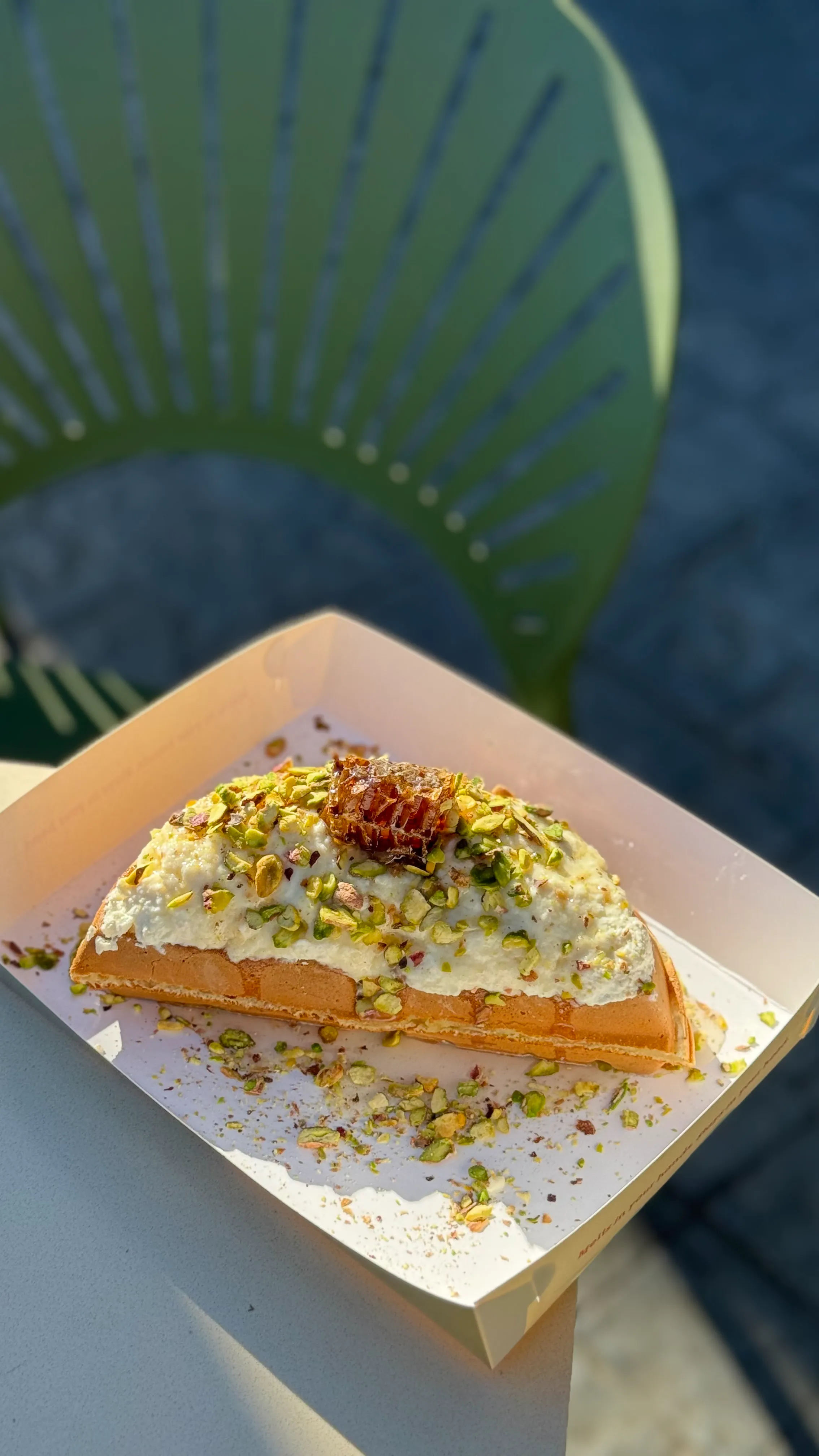 Image of Ashta Waffle – Waffle piece, fresh Ashta, honey, pistachio on top. Available in classic & double size.