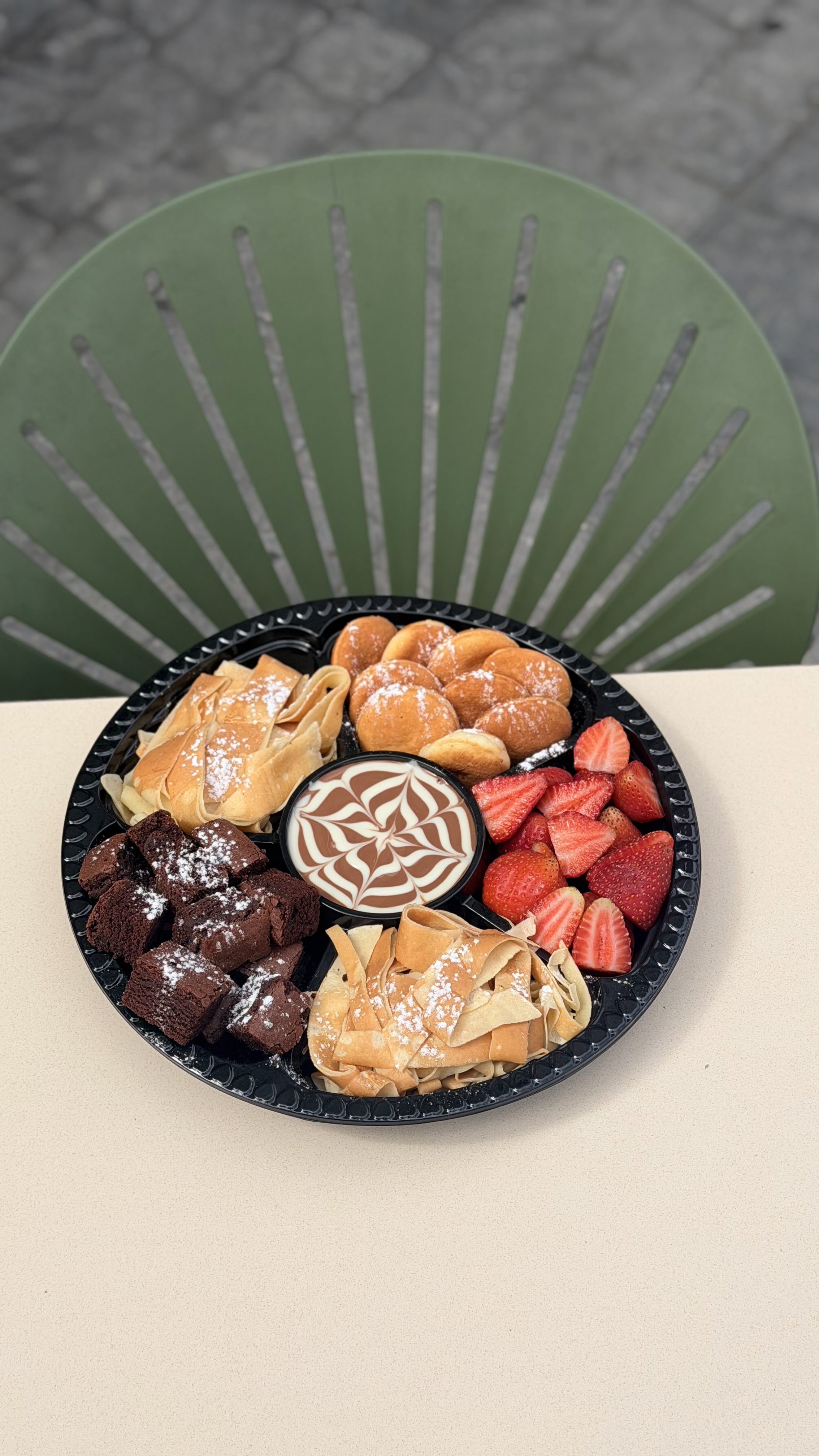 Image of Good Morning Plate – Mini pancakes, Mini fettuccine crepes, Brownies, Strawberries, Premium Belgian chocolate.