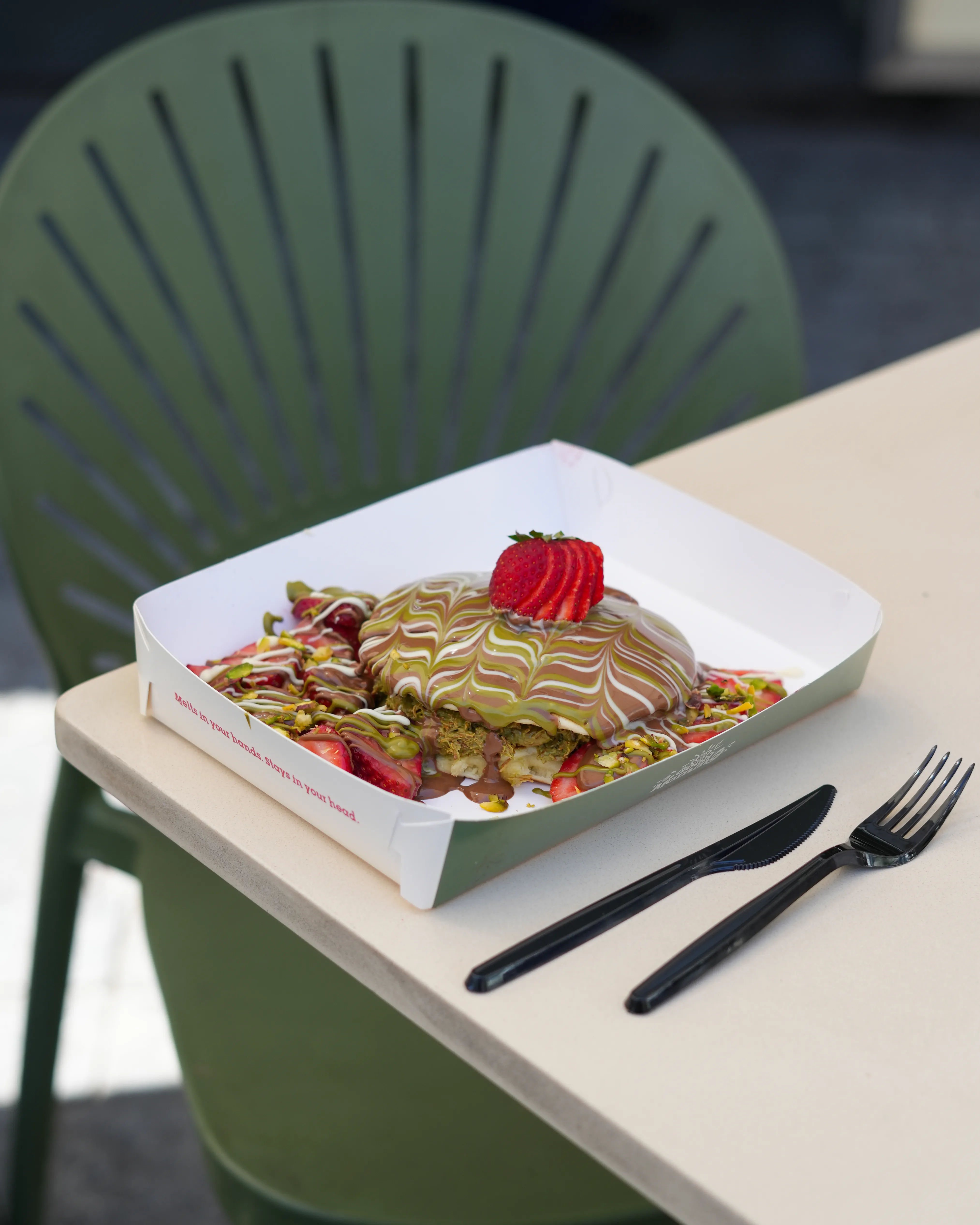 Image of Dubai Pancake – 2 pancakes, pistachio kunafa, strawberries, premium belgian chocolate