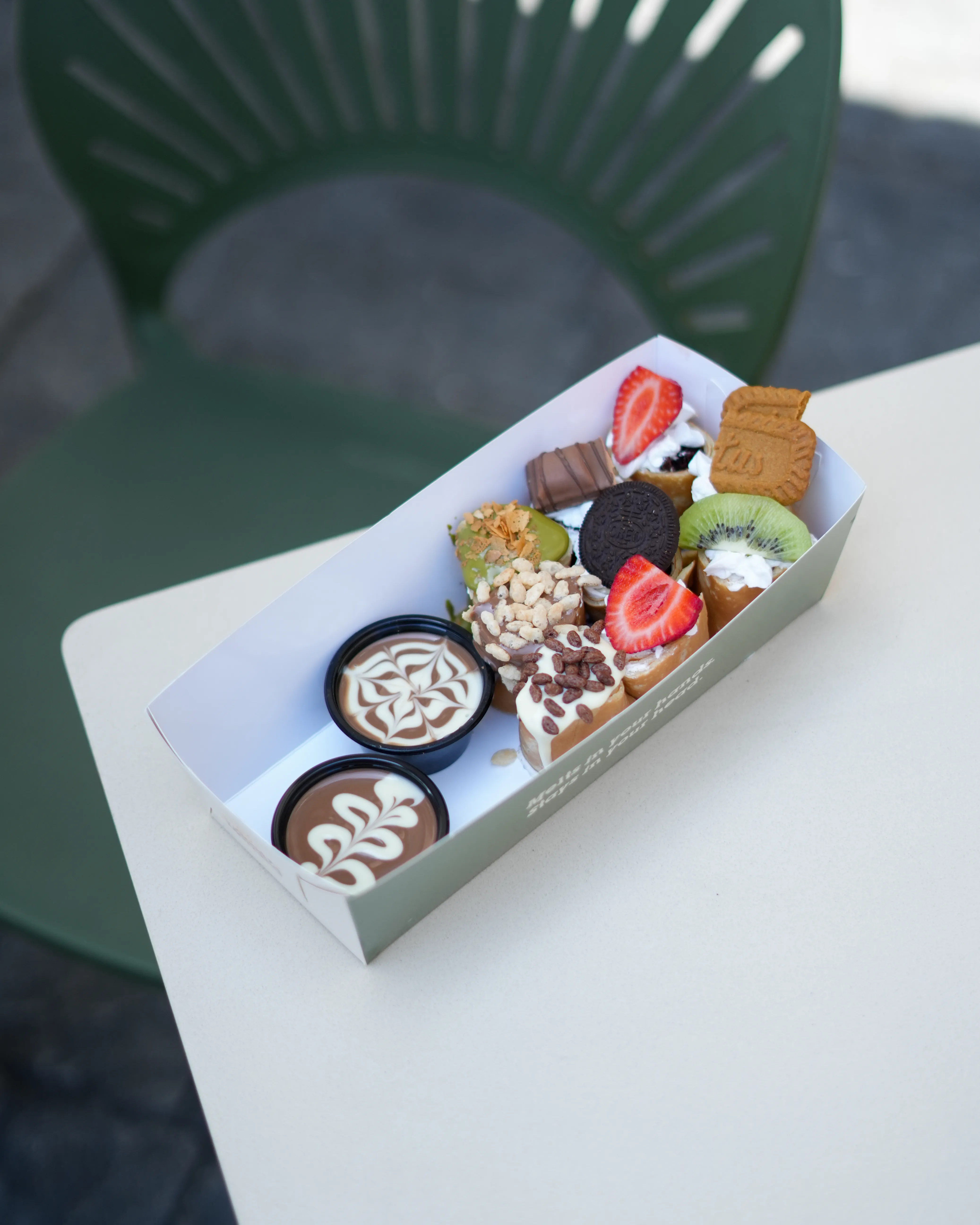 Image of Sushi crepe 9 pcs – Sushi style, filled with cream cheese & brownies, toppings, with premium belgian chocolate dips