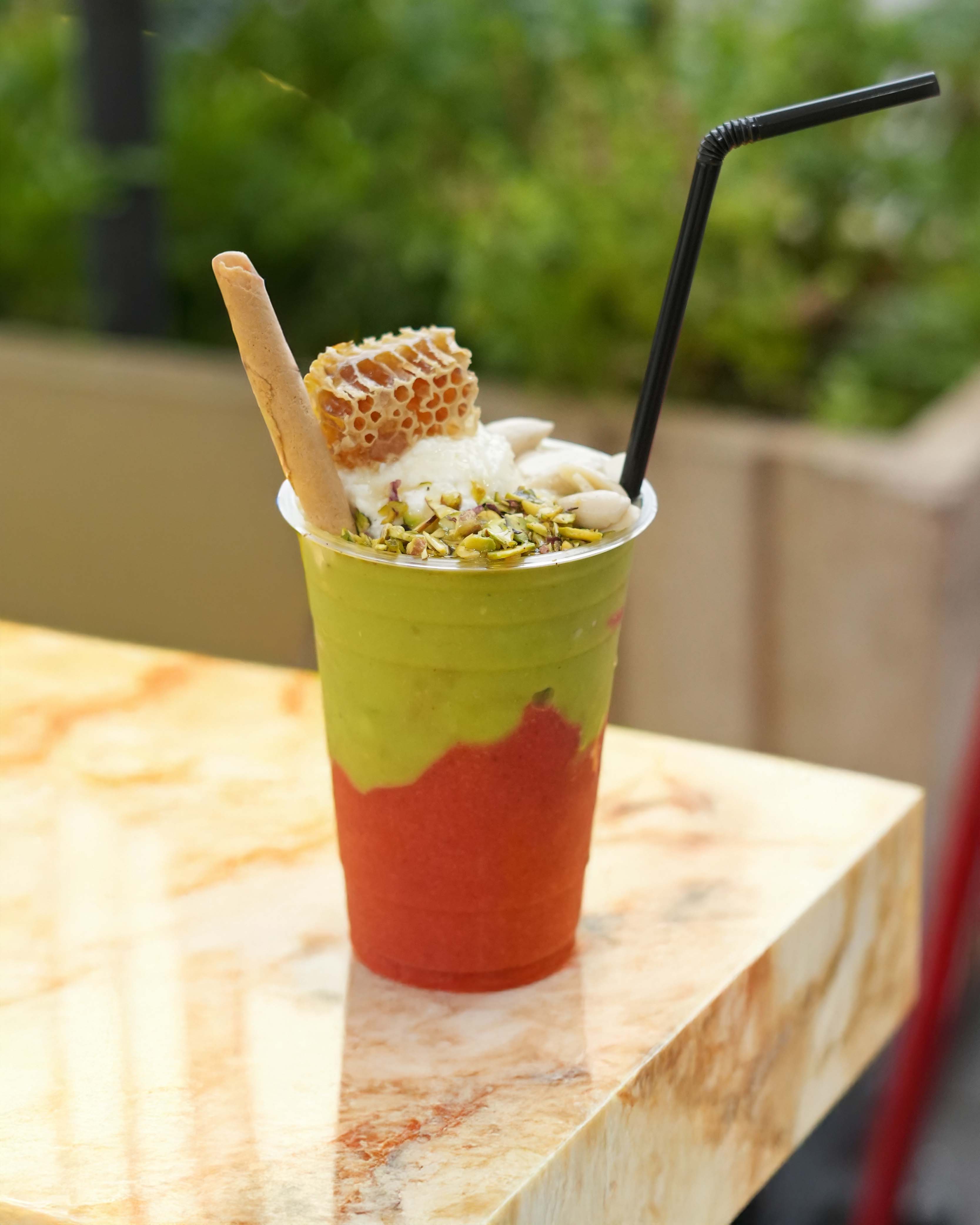 Image of Turbo – Blended avocado, Cocktail Juice, almonds, honey & honey Combe, your choice of Ashta or fresh cream on top