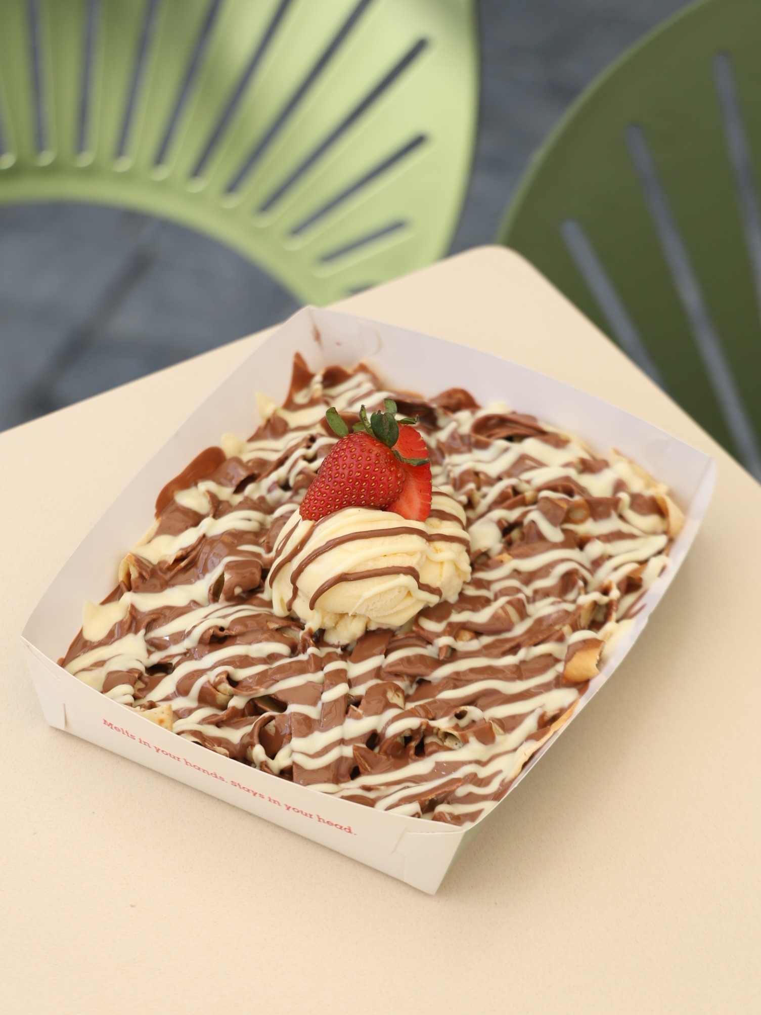 Image of Fettucine Crepe – Crepe Pasta, Scoop of vanilla ice cream, Belgium Chocolate