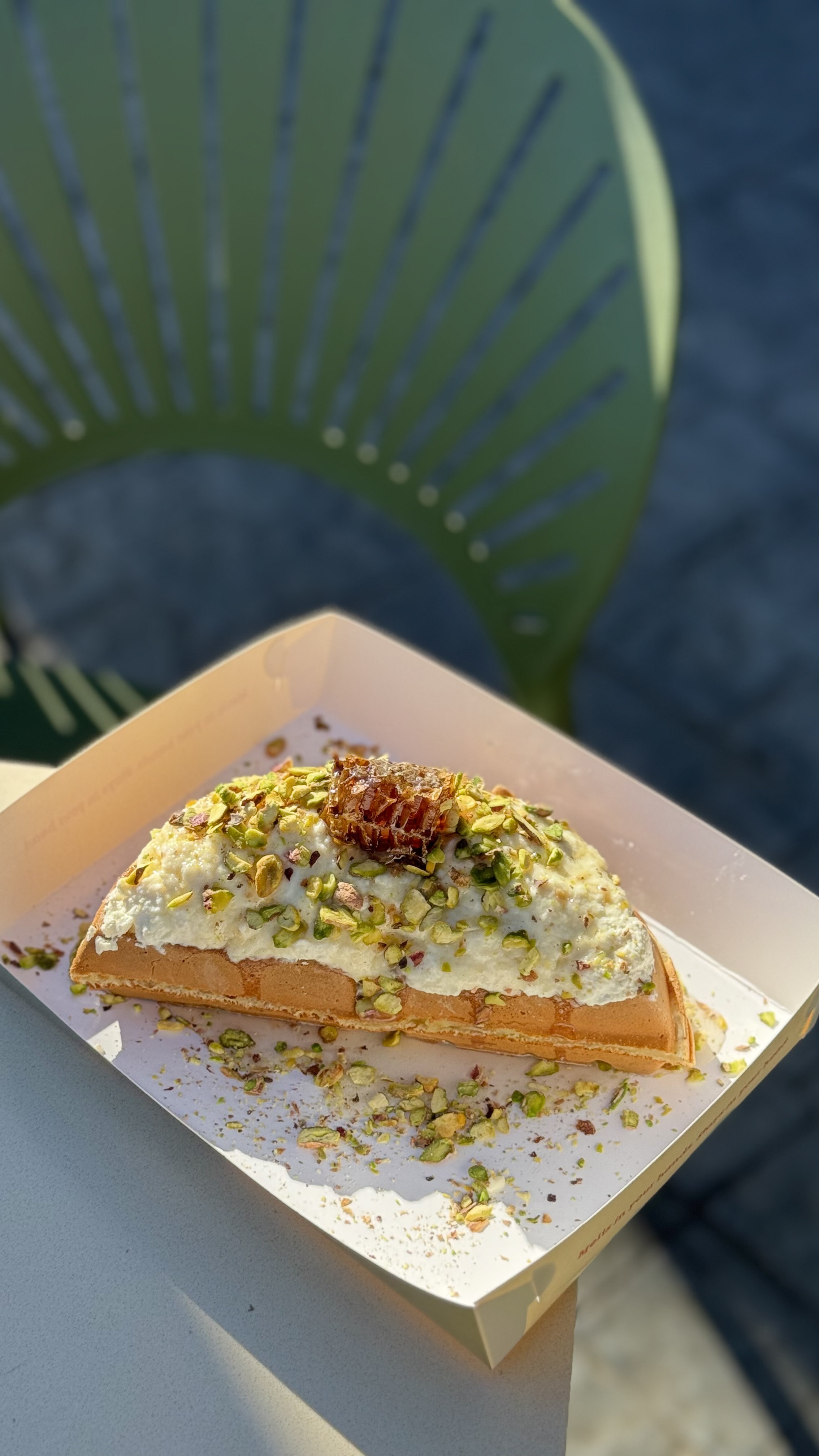Image of Ashta Waffle – Waffle piece, fresh Ashta, honey, pistachio on top. Available in classic & double size.